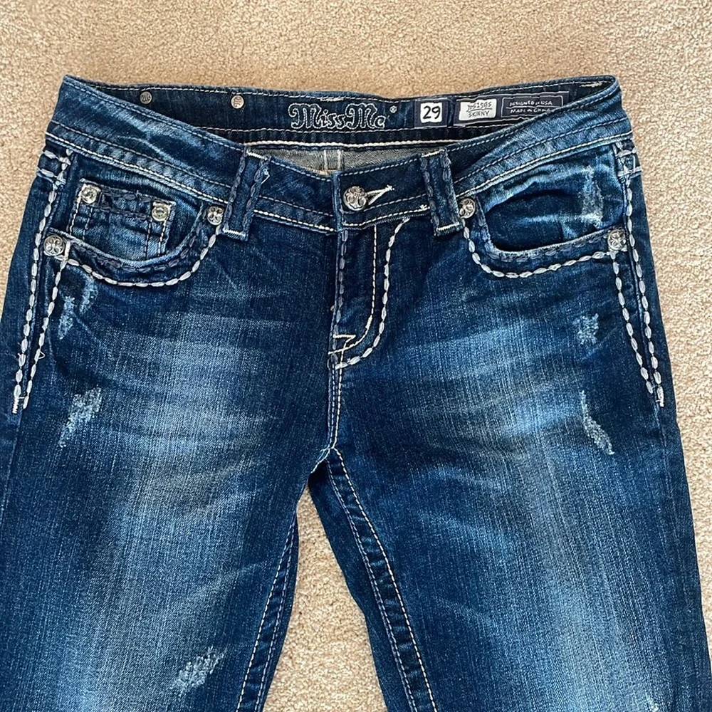 Miss Me Dark Blue Skinny Jeans with Intricate Silver Details - Picture 5 of 7